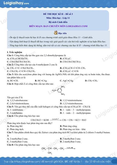 Đề thi học kì 2 Hóa 11 Cánh diều - Đề số 3